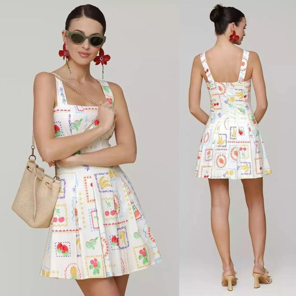 Avec Les Filles White Mini Dress with Multicolor Fruit Print